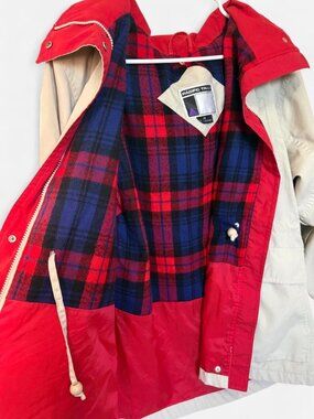 Pacific Trail Vintage Beige & Red Plaid Lined Hooded Jacket
